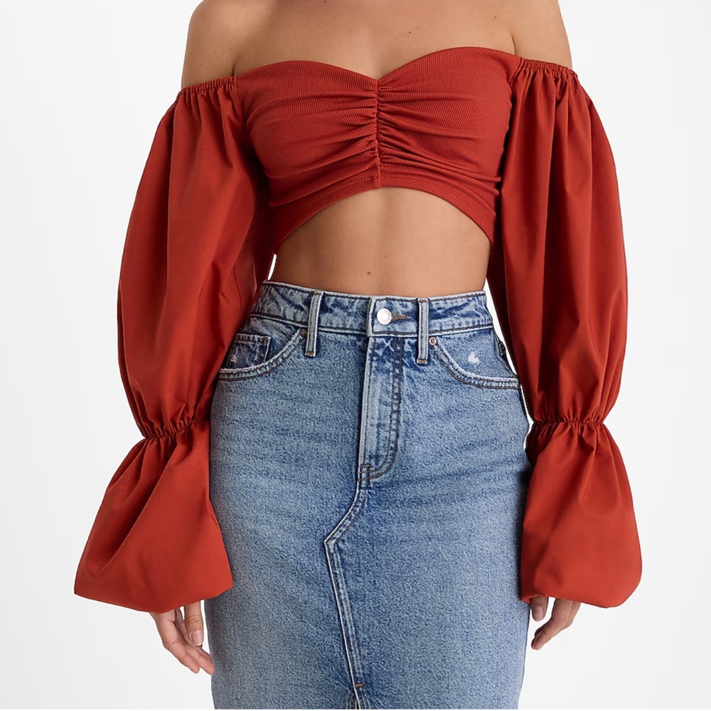 Express NWT Body Contour High Compression Ribbed Puff Sleeve Cropped Top